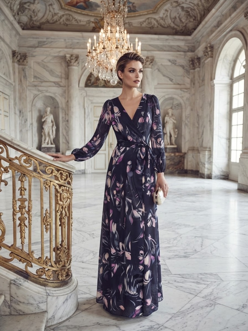 DKNYC Black Floral Wrap Maxi Dress with Pink Accents